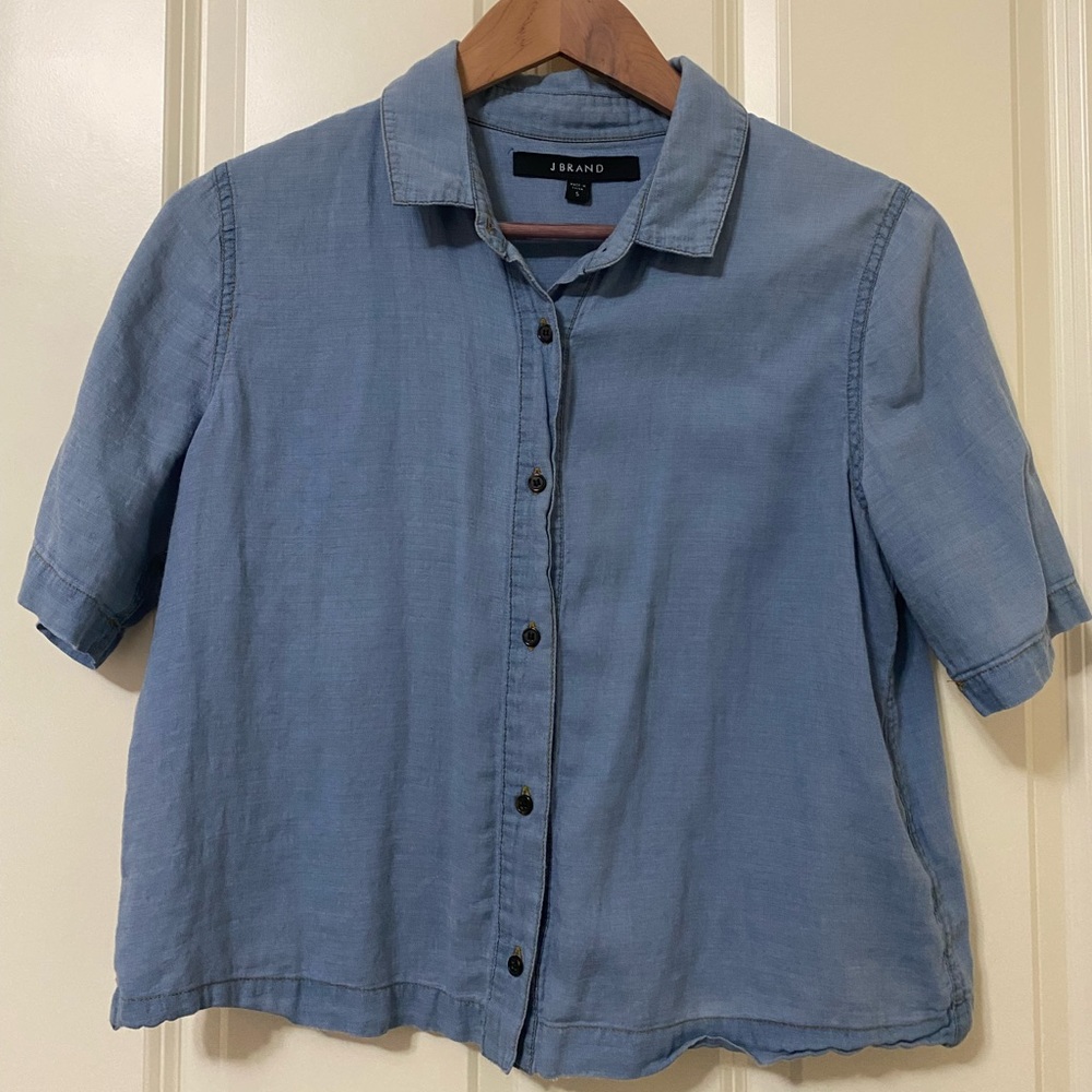 J Brand silk cotton blend crop denim short-sleeve button shirt EUD, sz Small
